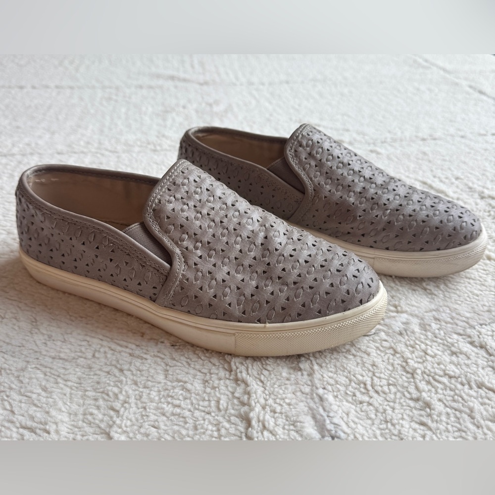 Steve Madden Women’s Odonna Perforated Woven Taupe Gray Slip-On Sneakers